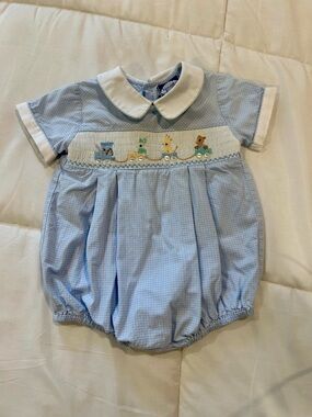 Carriage Boutiques Smocked Blue Baby Bubble Romper with Toy Train
